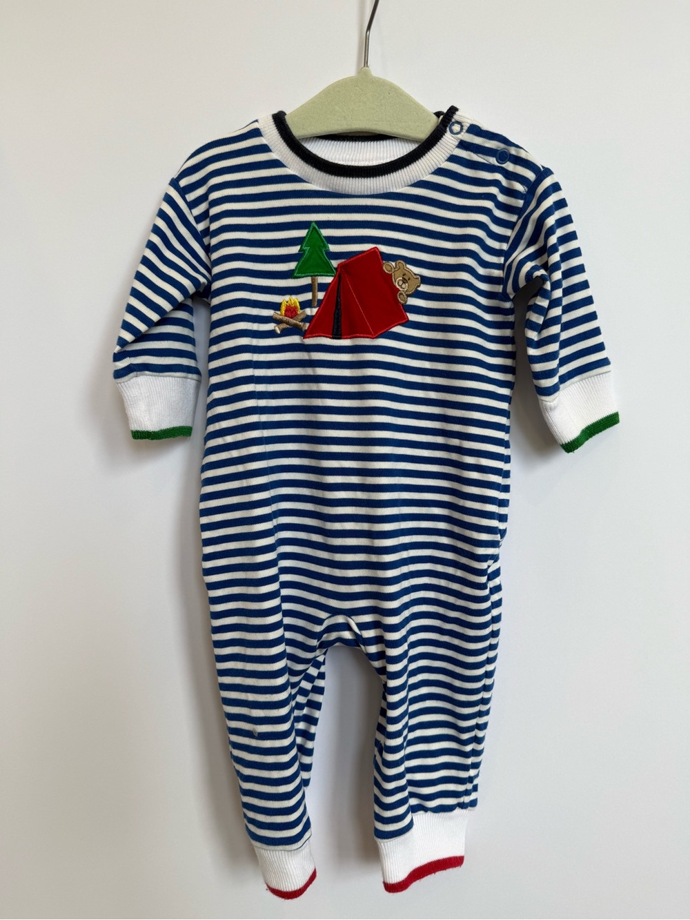 Florence Eiseman Blue & White Striped Baby One-Piece with Camping Applique